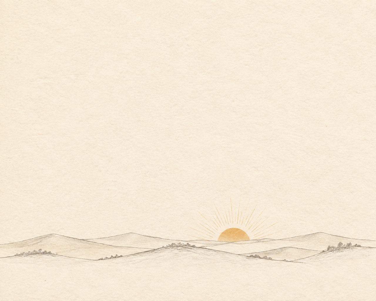 Hand-drawn hills at sunrise on warm ivory paper
